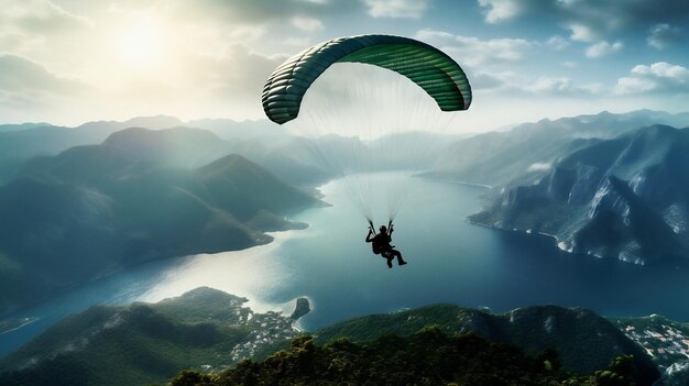 Les sports aériens extrêmes, le ciel bleu, le vol en parachute, l'aventure, le parapente, le planeur, la liberté.