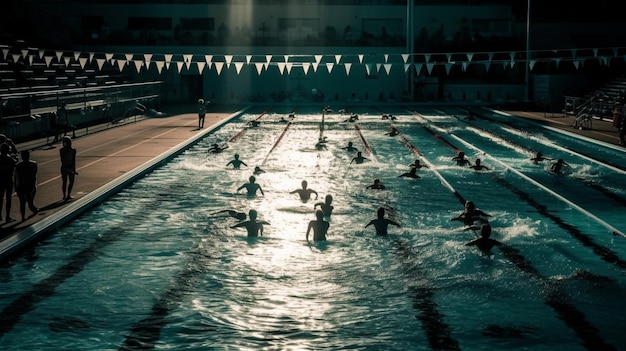 Sports de course et personnes nageant dans une piscine