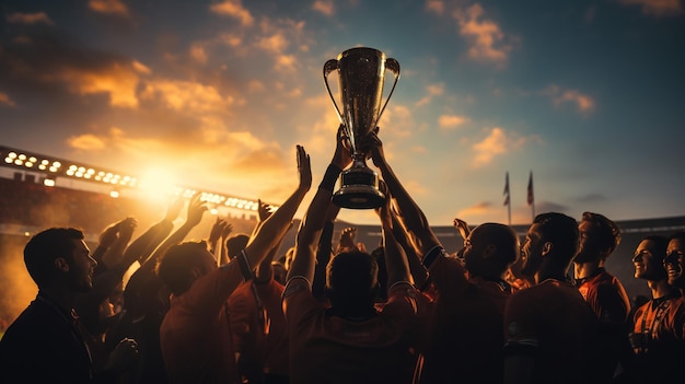 Sports de travail d'équipe et mains de personnes avec un trophée pour la réussite du vainqueur et le succès du champion Soutenir la communauté et la diversité avec les femmes et récompenser l'engagement et la collaboration en matière de formation