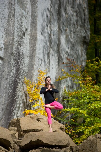 Sporty fit femme pratique le yoga sur le rocher dans la nature