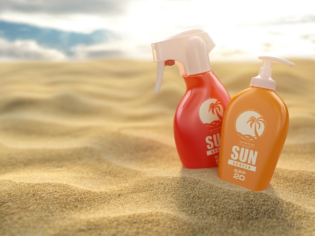 Photo sprays solaires et crème sur fond de sable de mer produits pour les coups de soleil