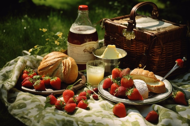 Photo spread de nourriture de pique-nique fromage fraises