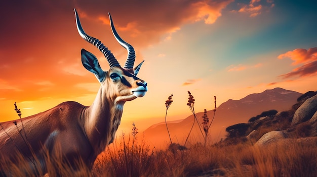 Springbok ou impala antilope Aepyceros melampus sur la prairie au coucher du soleil Symbole national africain