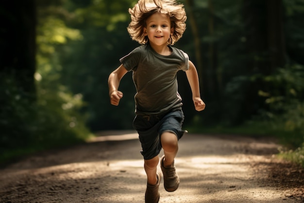 Un sprint de garçon le long du sentier sans fin