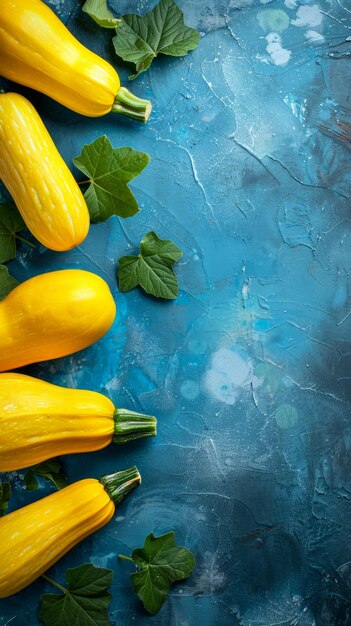 Photo squash d'été jaune frais avec des feuilles vertes sur un fond bleu vibrant et coloré