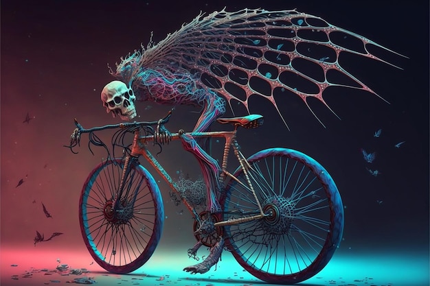 un squelette avec des ailes et un crâne à l'arrière de la tête est debout à côté d'un vélo.