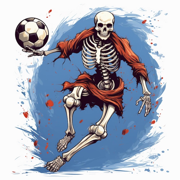 Photo squelette arrafé avec un ballon de football dans sa main