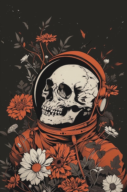 Squelette d'astronaute avec des fleurs