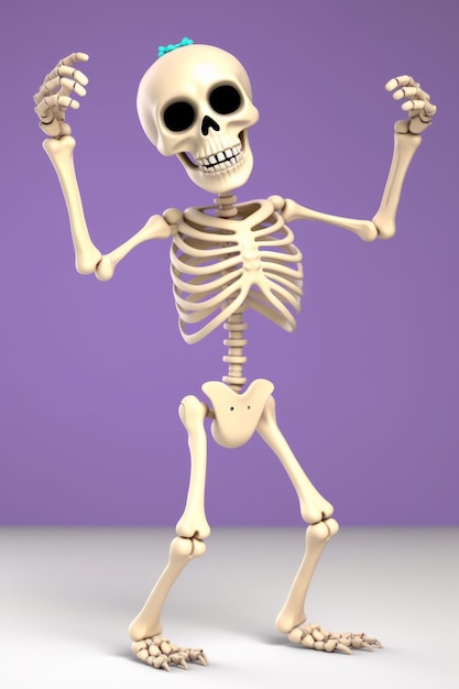 Squelette blanc drôle de danse sur un fond violet