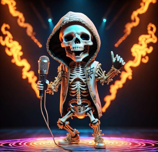 Un squelette avec une cagoule et une cagoule se tient sur une scène avec des flammes autour de lui.