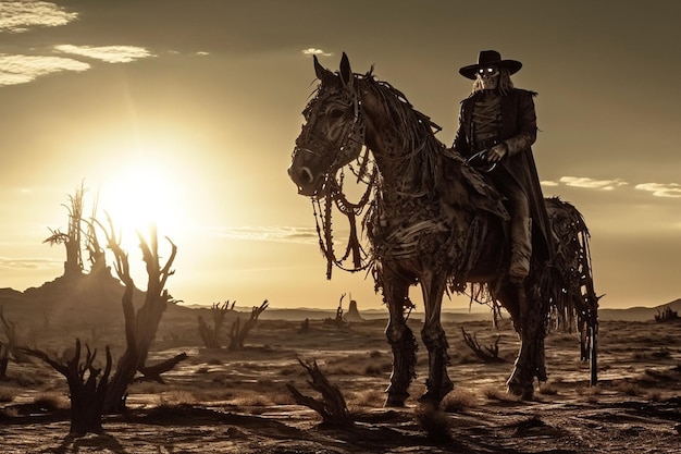 Un squelette à cheval dans le désert avec un coucher de soleil en arrière-plan.
