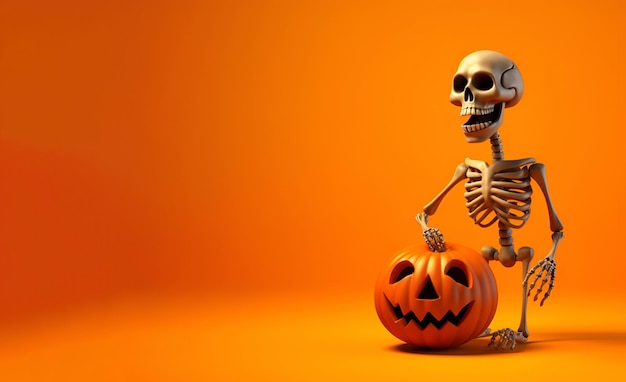 Squelette avec une citrouille sur un fond orange Halloween 3