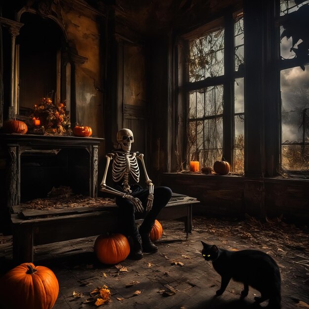 Photo squelette avec des citrouilles à l'intérieur de la maison hantée abandonnée