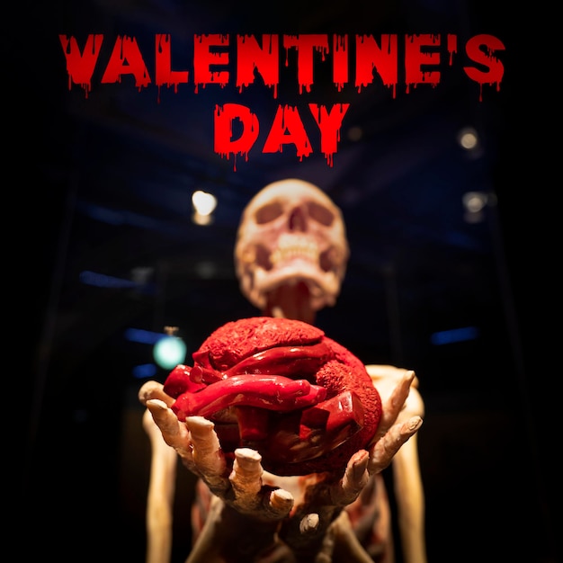 Photo squelette et coeur décoratif rouge sur fond noir. thème de la saint-valentin. concept d'amour et de mort. effrayant noir saint valentin carte de vœux