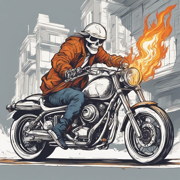 un squelette conduisant une moto portant une veste et un jean avec un vecteur de conception de t-shirt de feu prêt
