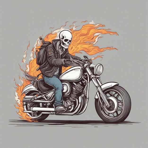 un squelette conduisant une moto portant une veste et un jean avec un vecteur de conception de t-shirt de feu prêt