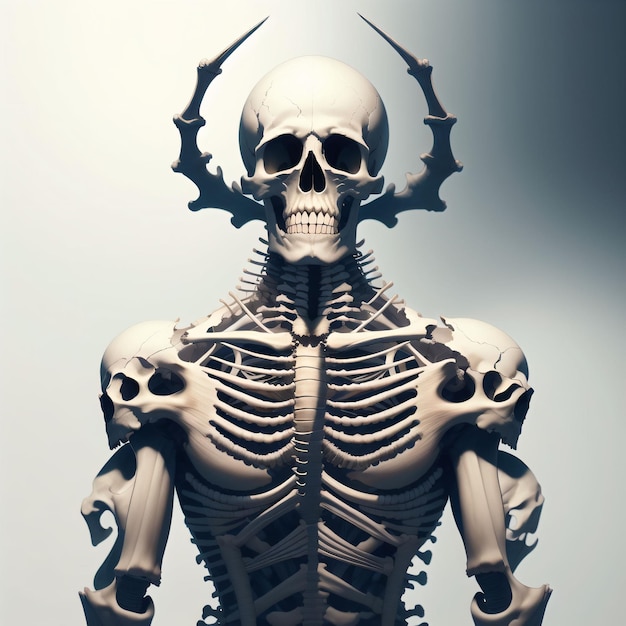 Un squelette avec des cornes et un visage diabolique se tient devant un fond blanc.