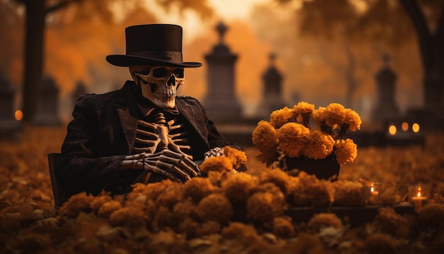Squelette dans le cimetière avec des fleurs et des bougies Concept d'Halloween