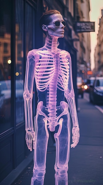 un squelette dans une fenêtre avec un panneau qui dit " squelette ".