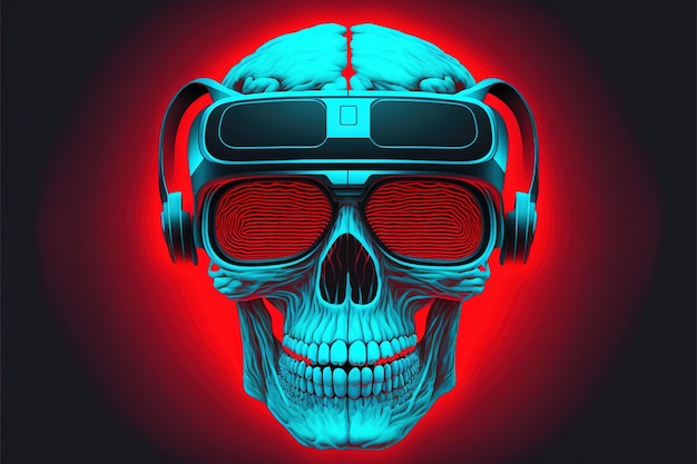 Un squelette dans des lunettes VR Un homme crâne portant le casque de réalité virtuelle futuriste Peinture d'illustration de style art numérique