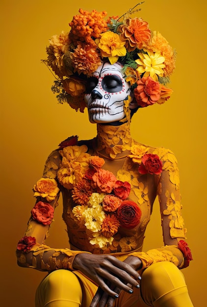 un squelette dans une robe à fleurs vêtue de fleurs de crâne de sucre dans le style de la sculpture