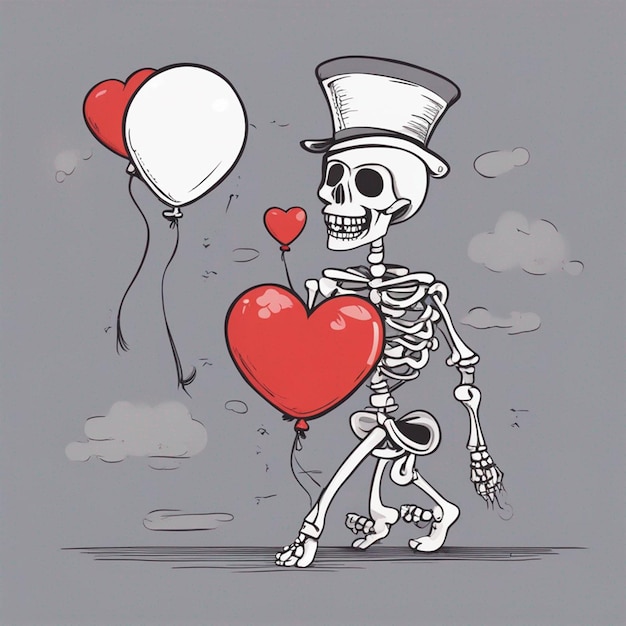 Un squelette de dessin animé avec un chapeau et un papier peint en ballon de cœur