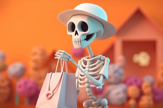 Squelette drôle tenir des sacs à provisions préparation de la fête Bannière web marketing par e-mail Célébrer Halloween ou le jour des morts Vendredi noir