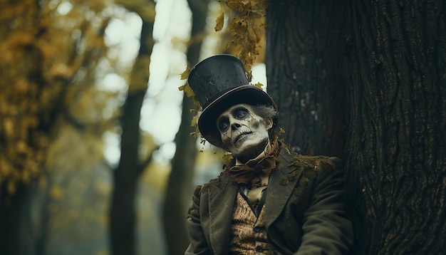 Squelette effrayant dans la forêt d'automne Film d'horreur d'Halloween