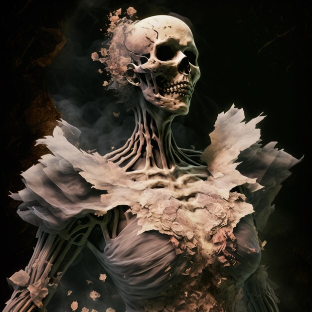 Un squelette avec une grande peau blanche et un grand corps noir.