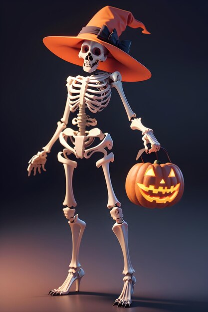 Squelette d'Halloween devant une maison hantée