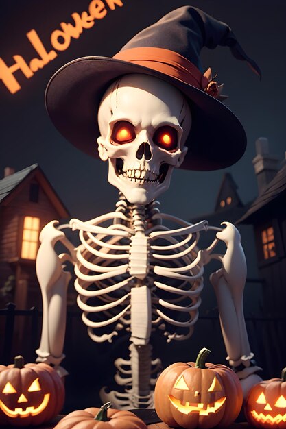Squelette d'Halloween devant une maison hantée