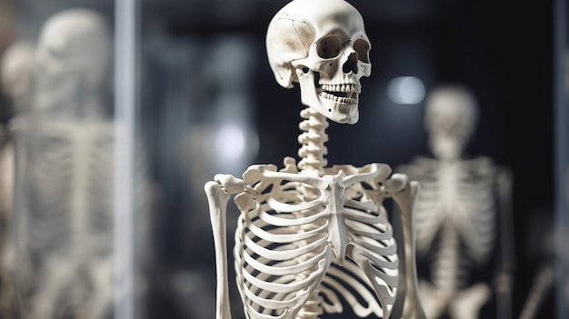 Squelette humain arrière-plan de laboratoire éducatif anatomie scientifique du corps exposition médicale IA
