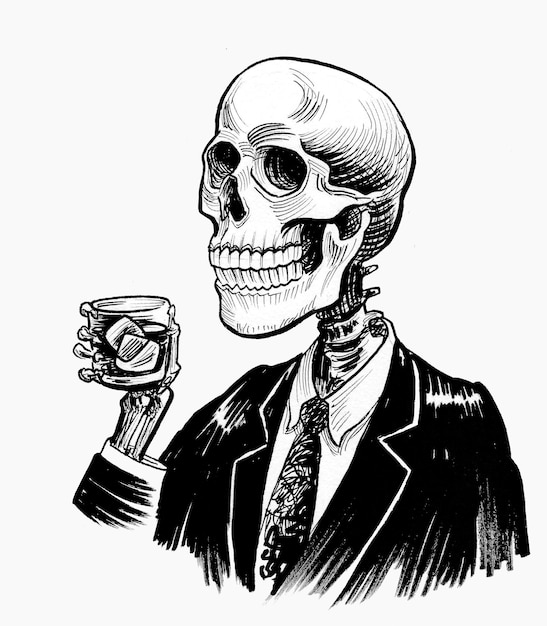 Squelette humain buvant un verre de whisky Dessin à la main à l'encre noir et blanc