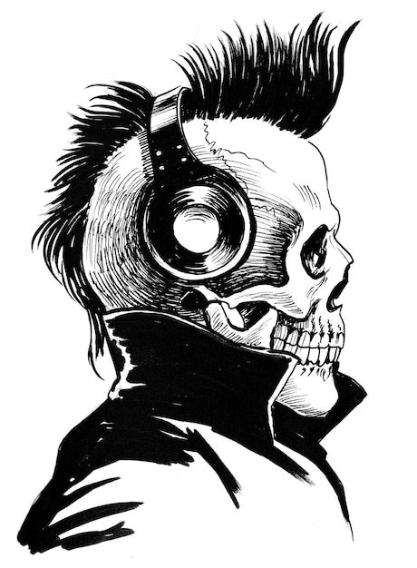 Squelette humain dans les écouteurs. Dessin noir et blanc à l'encre