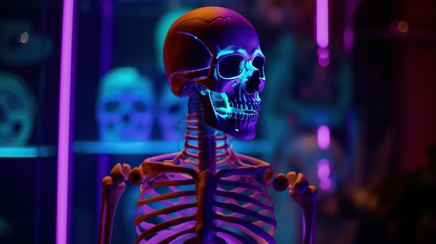 Squelette humain dans un néon clair sur fond sombre Exposition médicale sur l'anatomie du corps scientifique générée par l'IA