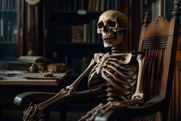 Photo squelette humain sur un fauteuil