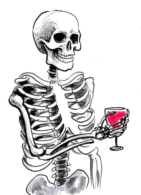 Squelette humain avec un verre de vin rouge. Dessin à l'encre