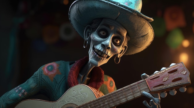 Un squelette jouant de la guitare dans un jeu appelé le jour des morts.