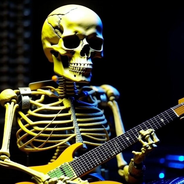 squelette jouant de la guitare rock en studio
