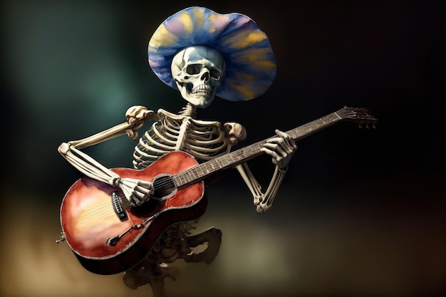 Un squelette jouant de la guitare tout en portant un sombrero