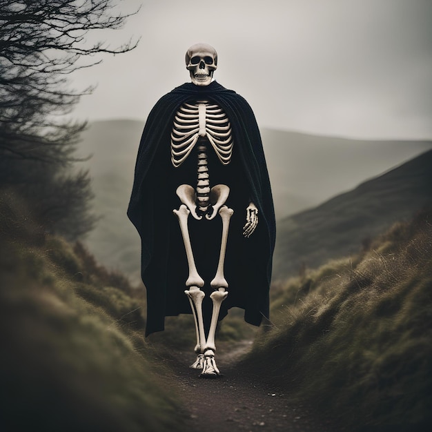 un squelette marchant sur un chemin dans un champ.