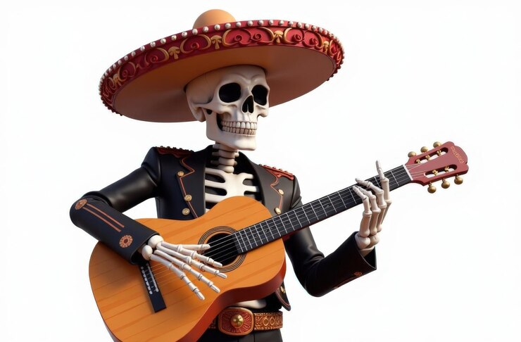 Squelette masculin en costume traditionnel et avec une guitare pour la fête mexicaine du Jour des morts El Dia de Muertos