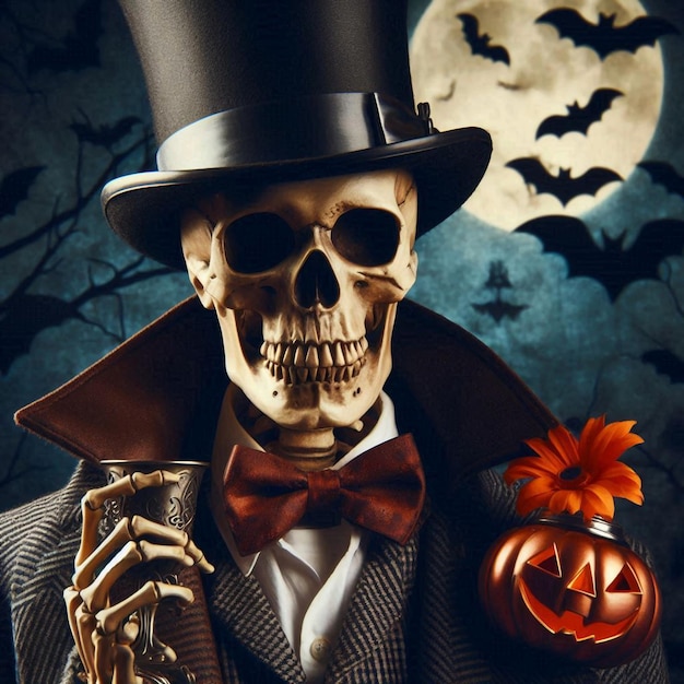 un squelette portant un chapeau haut et un chopeau haut noir avec une citrouille en arrière-plan