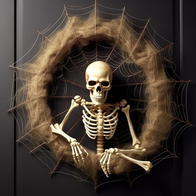 Squelette sur la porte avec une toile d'araignée Halloween heureux Halloween