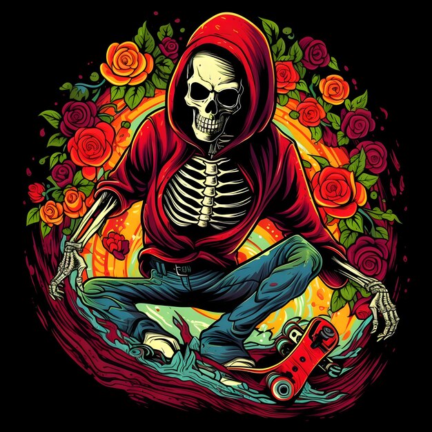 Squelette sur skateboard entouré de roses colorées fond sombre pour le jour des morts et Halloween