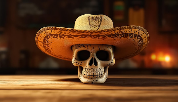 Squelette avec un sombrero sur la tête pendant le Jour des Morts au Mexique