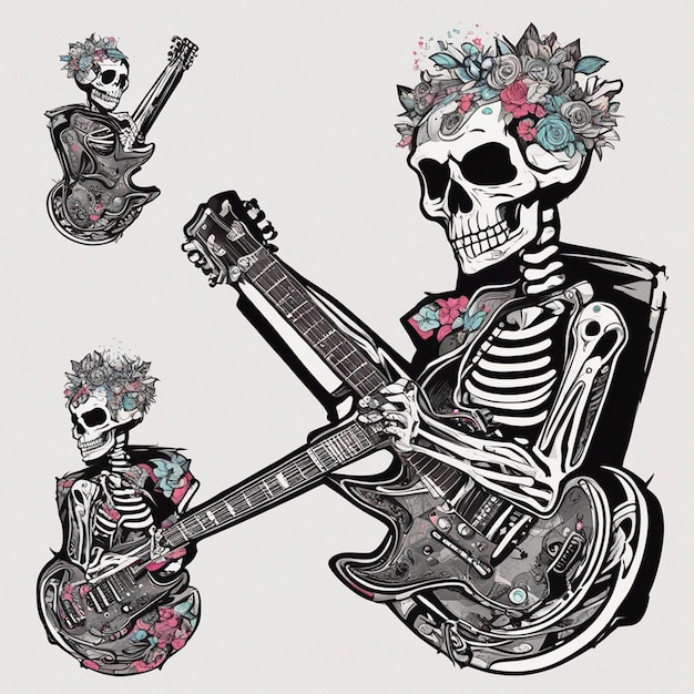 Un squelette de style rocker avec une vue latérale de la guitare et un design de t-shirt sur fond blanc propre