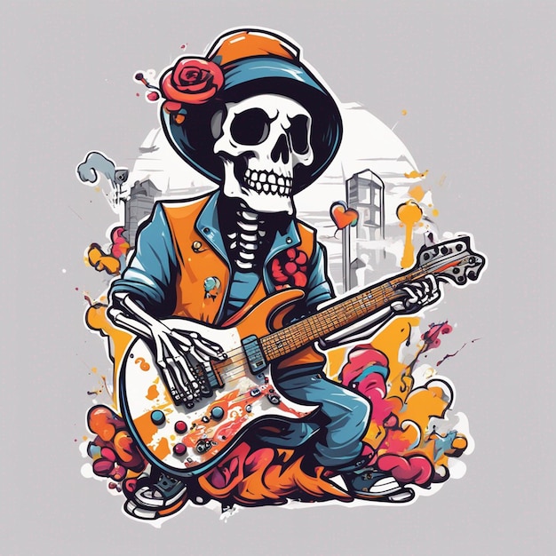 Un squelette de style rocker avec une vue latérale de la guitare et un design de t-shirt sur fond blanc propre