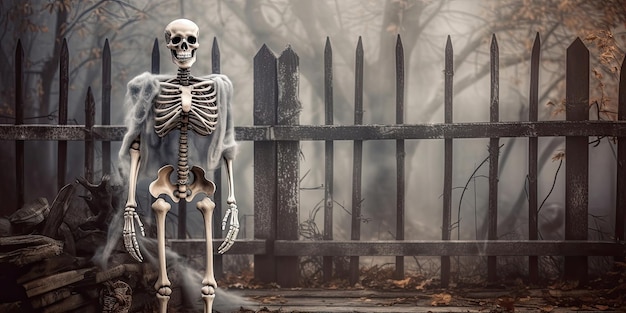 Squelette en vêtements blancs debout devant la clôture dans le brouillard IA générative