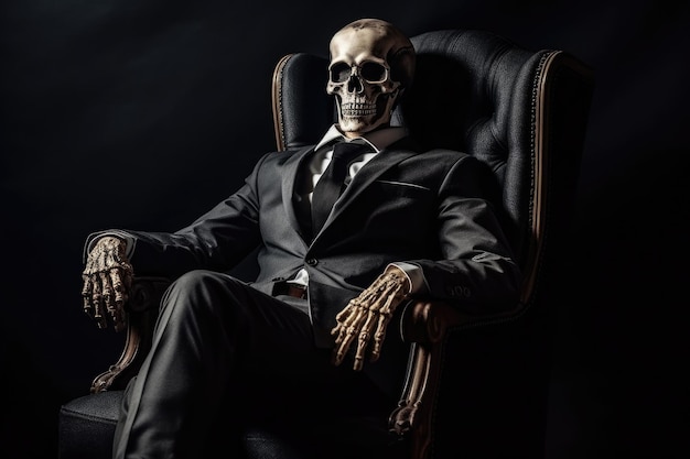 Squelette vêtu d'un costume d'affaires assis sur un fauteuil confortable Fond sombre AI générative